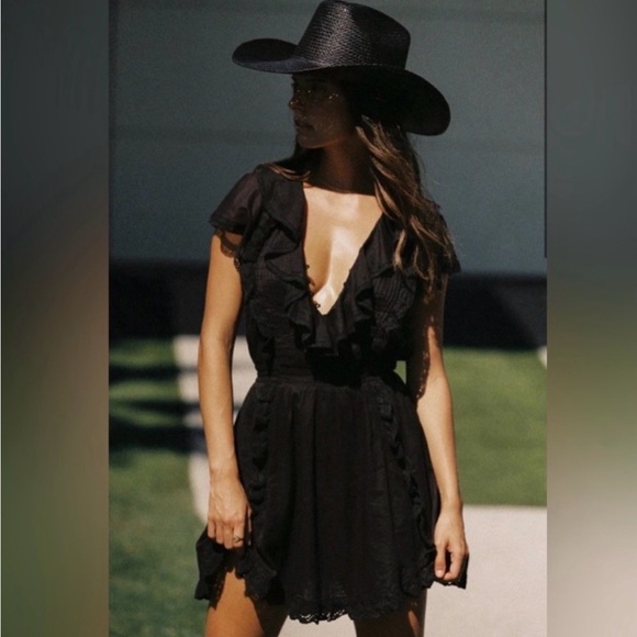 Spell Dresses & Skirts - Spell Black Ruffle Lace Trim Mini Dress Size M Boho Byron Bay